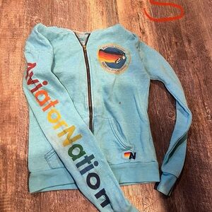 Aviator Nation Light Blue Hoodie with Rainbow Sleeve